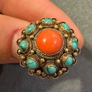 Vintage Gold Tone Turquoise and Coral Ring